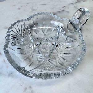 Antique American Brilliant Cut Glass Handled Nappy Floral 7" Etched Floral